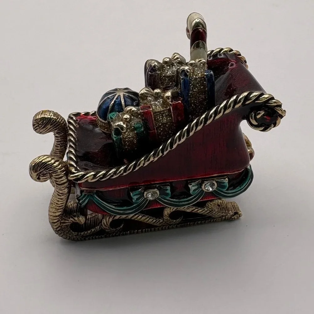 Monet Enameled Christmas Sleigh Trinket Box Red Gold Tone Crystal Accents